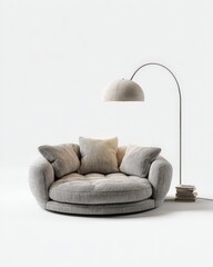 Contemporary Living Room Setup: An inviting, round, modern sofa and an arc lamp create a cozy, stylish ambiance. A pile of books adds a touch of understated luxury.