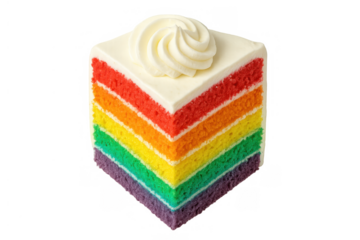 Rainbow layer cake slice with white icing swirl on top, celebrating diversity and joy with vibrant colors