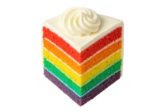 Rainbow layer cake slice with white icing swirl on top, celebrating diversity and joy with vibrant colors