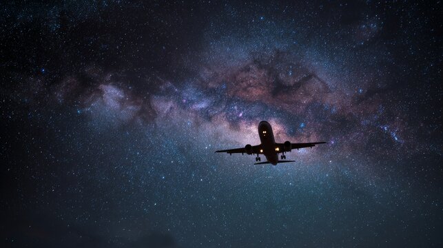 Silhouette of a passenger aircraft flying across the starry night sky with the colorful Milky Way glowing behind it, showing a dramatic cosmic landscape and peaceful nighttime aviation scenery