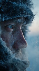Frozen Explorer: Close-up of a determined individual braving the unforgiving cold, showcasing the raw power of nature's elements. 
