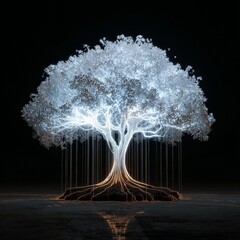 Illuminated Tree: A captivating digital rendering of a luminous tree, its branches and roots glowing with ethereal light against a dark background, symbolizing life, growth.