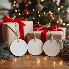 Festive Gift Tags and Presents: a collection of elegant, wrapped gift boxes with red ribbon and blank gift tags are prepared beneath a christmas tree.