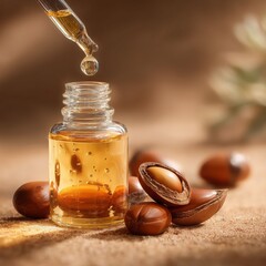 Argan Oil Elixir: A glistening droplet of argan oil descends from a glass dropper into a bottle, embodying purity and the essence of this natural beauty. Next to it, the kernels.