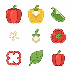 Bell Pepper Icons Vector Set – Red, Yellow, Green Capsicum, Slice, Seeds & Leaf Illustration