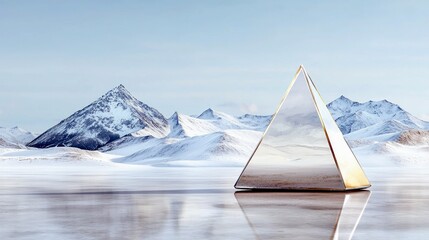 A polished, geometric pyramid stands on a reflective, icy surface, mirroring the majestic, snow-capped mountains and clear sky in the background.