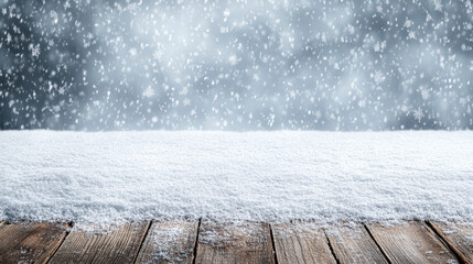 Snowy wooden table with falling snowflakes and soft winter haze, peaceful cold scene