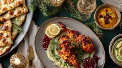 Festive Table Setting with Delicious Chicken Dish Garnished with Herbs, Pomegranate Seeds, Lemon, Bread, and Colorful Side Dishes for Holiday Feast