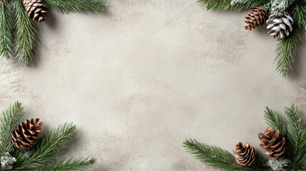 Rustic pine cone border with evergreen branches and snowy accents evoking cozy holiday warmth
