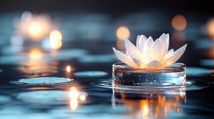 A luminous white lotus flower rests on a clear glass platform in dark water, surrounded by soft, out-of-focus lights.