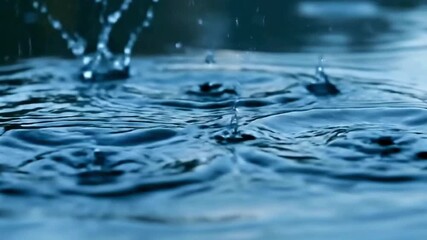 A serene close-up view of water droplets creating ripples on a calm blue surface captured in high-detail macro photography.
 - Powered by Adobe