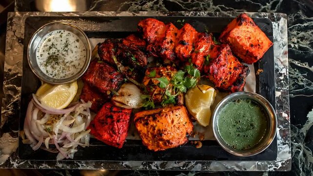 Delicious Indian Tandoori Chicken and Paneer Platter with Dips.