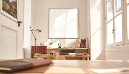 Bright workspace setup features desk, whiteboard, and natural light. Ideal for design, marketing, remote work, and office concepts.