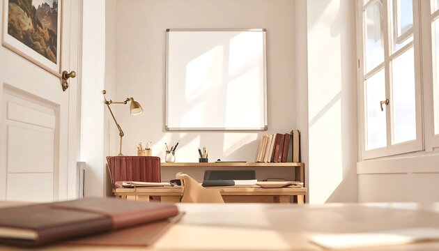 Bright workspace setup features desk, whiteboard, and natural light. Ideal for design, marketing, remote work, and office concepts. - Powered by Adobe