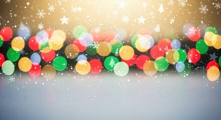 Festive holiday background with colorful bokeh lights, falling snowflakes, and sparkling stars creating a magical winter celebration atmosphere.
