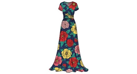 Elegant Floral Print Maxi Dress with Short Sleeves and Waist Tie.