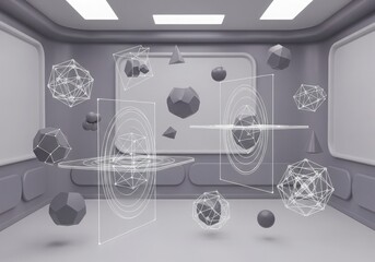 Geometric shapes and wireframe models floating in a minimalist 3d room
