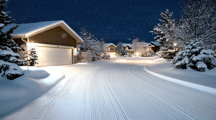 Snowy suburban street night with glowing house lights and falling snow
