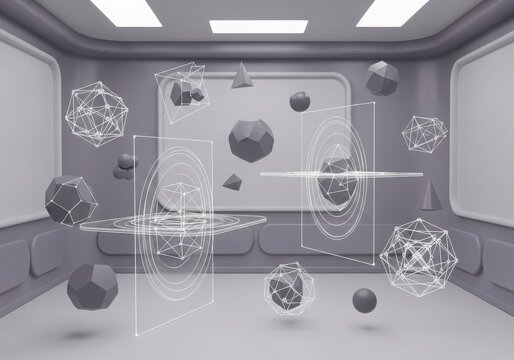 Geometric shapes and wireframe models floating in a minimalist 3d room