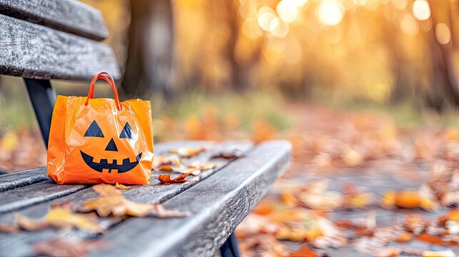 A bright orange Halloween trick-or-treat bag with a jack-o'-lantern face sits on a wooden park bench, with fallen autumn leaves scattered around.