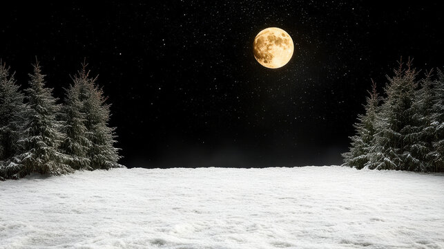 Snowy moonlit winter night forest under glowing full moon with serene silence
