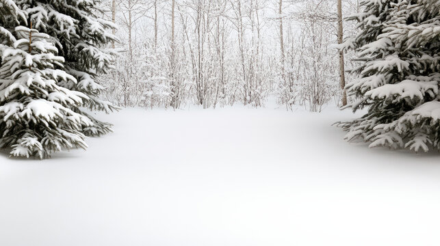 Snowy evergreen forest clearing with fresh white snow and bare birch trees