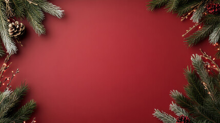 Festive pine frame red background with subtle lights and pinecone accents evoking cozy holiday