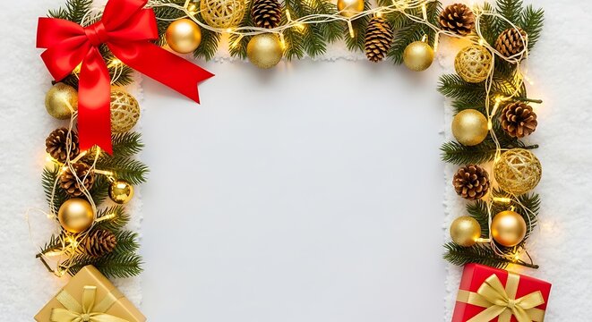 Festive Christmas Border with Gifts, Lights, and Pinecones