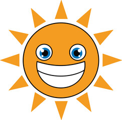 Smiling cartoon sun with big eyes and happy face, cheerful weather icon, flat vector illustration, cad drawing style, kids concept