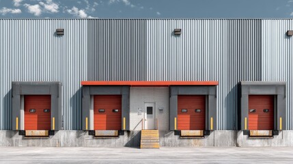 Exterior of a modern industrial building with multiple loading docks, red doors, and a blue sky