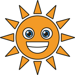 Smiling cartoon sun with expressive face, cheerful weather icon, happy emotion, flat vector illustration, cad drawing style, kids concept