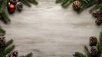 Evergreen branch pinecone ornament red bauble rustic wooden background festive holiday frame