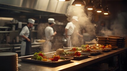 Busy restaurant kitchen with chefs preparing food and steam rising from cooking dishes, a well-lit and professional culinary environment