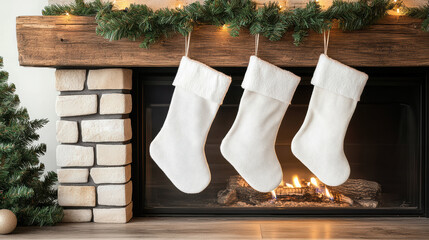 Cozy white Christmas stocking hanging on rustic fireplace mantel with warm lights