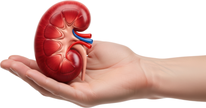Human hand holding a realistic red kidney with visible arteries and veins medical illustration human kidney transparent background - Powered by Adobe