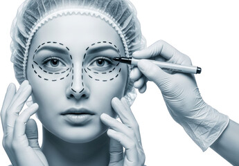 Medical professional marks woman's face for cosmetic surgery procedure beauty surgeon isolate marking transparent background