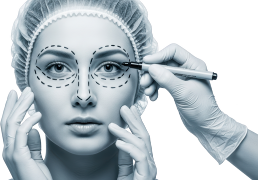 Medical professional marks woman's face for cosmetic surgery procedure beauty surgeon isolate marking transparent background