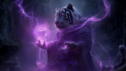 Mystical tiger sorcerer in robes conjures purple energy orb amid dark enchanted forest under moon!! - Powered by Adobe