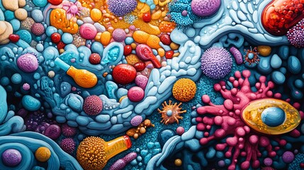 An artful depiction showcases a microscopic view, with various organic shapes and vibrant colors, creating a unique texture and detail. This colorful abstract showcases visual intricacies.