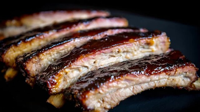 Delicious BBQ Pork Ribs Glazed in Rich Brown Sauce, Close Up.