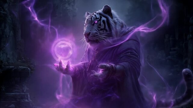 Mystical tiger sorcerer in robes conjures purple energy orb amid dark enchanted forest under moon!!