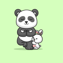 Giant Panda Practicing Yoga Interrupted by Cute Little Bunny – Vector Illustration