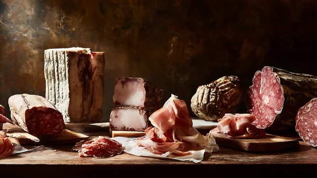 Delicious Assortment of Cured Meats and Salumi on Rustic Wooden Surface.