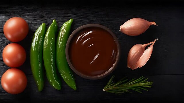 Fresh Ingredients for Delicious Barbecue Sauce on a Dark Background.