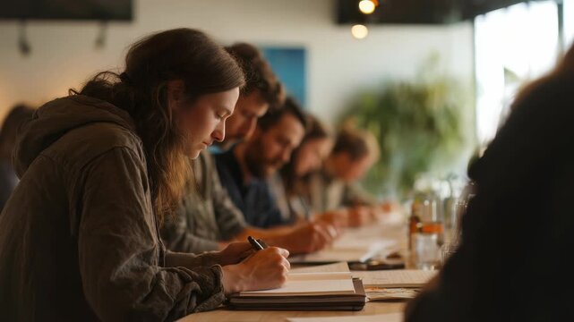 Young adults attentively writing in notebooks during a creative workshop in a modern, sunlit coworking space. Focused individuals participate in collaborative learning and skill development activities