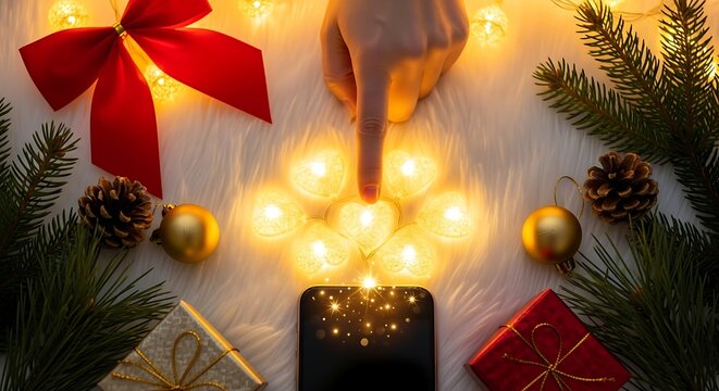 Hand touching smartphone screen surrounded by Christmas decorations and lights