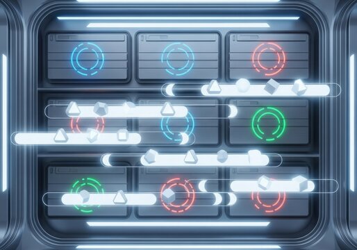 Futuristic control panel with glowing geometric shapes and data interfaces - Powered by Adobe