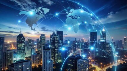 Global network connections over a futuristic city skyline at dusk - Powered by Adobe