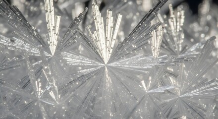 Extreme close-up of intricate hoar frost crystals illuminated by bright light creating a stunning natural texture. These delicate ice needles form radial starburst patterns on a cold winter day.