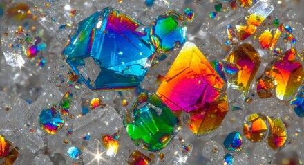 Extreme close-up of dazzling multicolored chemical crystals glowing with spectral light and vivid colors.